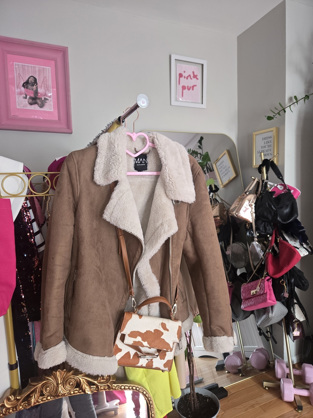 Faux Shearling Trim Suede Jacket - Tan/Beige